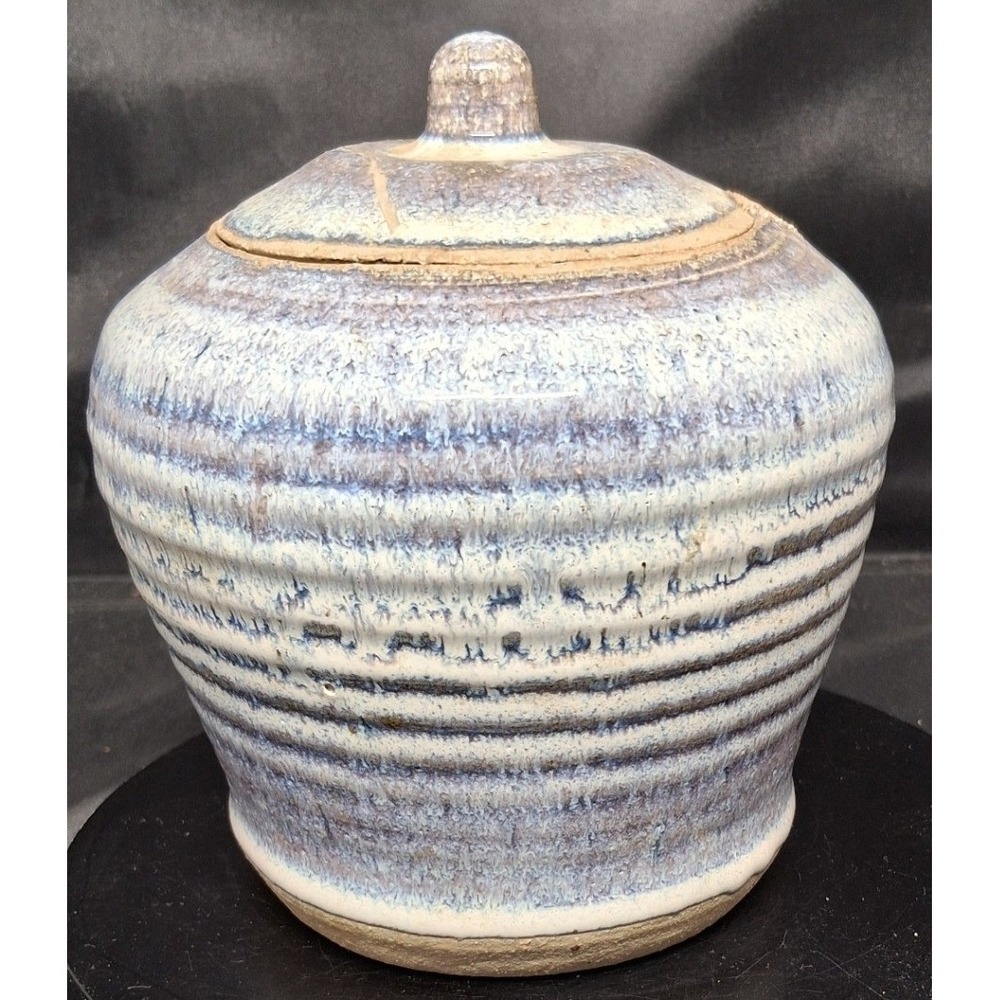 Hollnn Studio Pottery Blue White Salt Glaze Ribbed Lidded Jar Signed Handcrafted